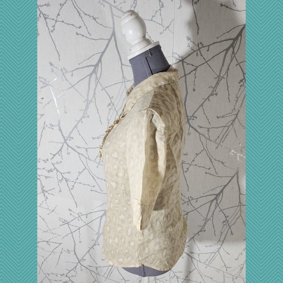 120% Lino Yellow Leopard Print Linen Ruffle Front Blouse - Picture 3 of 5